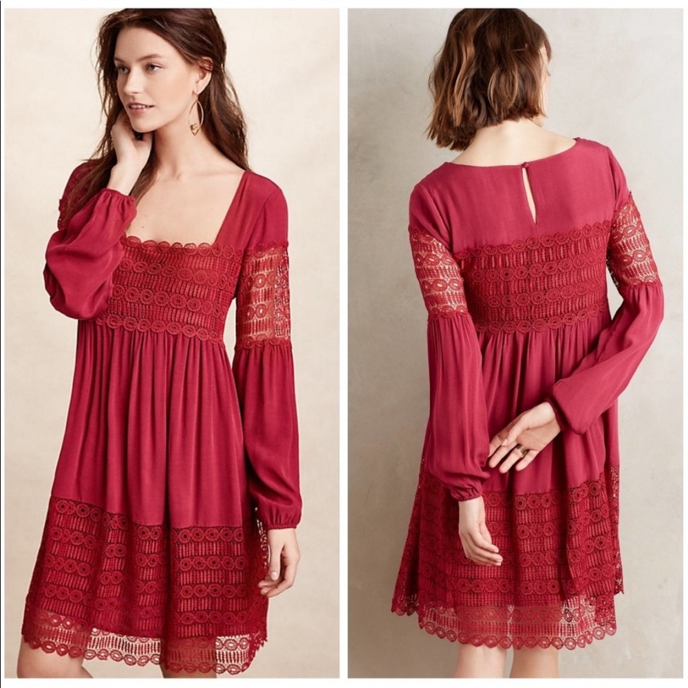 Anthropologie Raspberry Lace-Panel Midi Dress